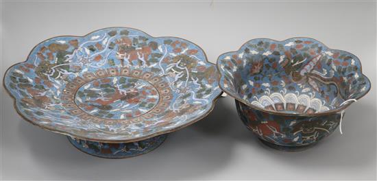 A Chinese blue ground cloisonne bowl with petal rim and a similar footed bowl, W 33cm